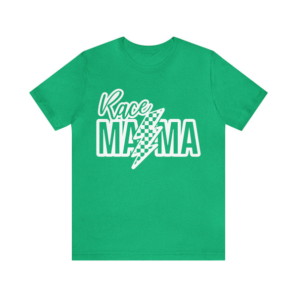 Race Mama with Checkered Lightning Bolt Adult Unisex Jersey Short Sleeve Tee | Race Mom T-Shirt