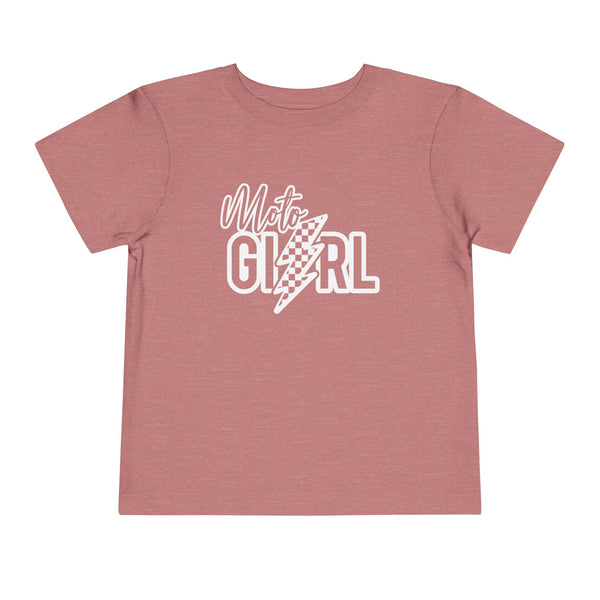 Moto Girl with Checkered Lightning Bolt Toddler Short Sleeve Tee | MX Motocross Dirt Bike Chick Race Day Shirt