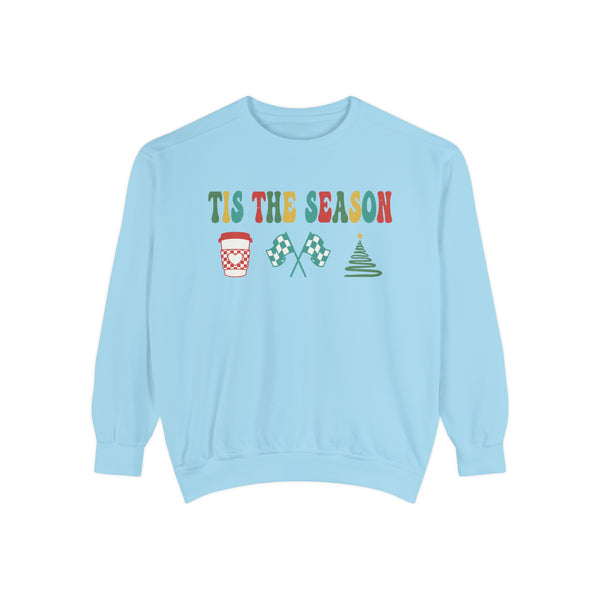 Tis the Season for Coffee Racing and Christmas Adult Unisex Garment-Dyed Sweatshirt | Racing Themed Christmas Sweatshirt