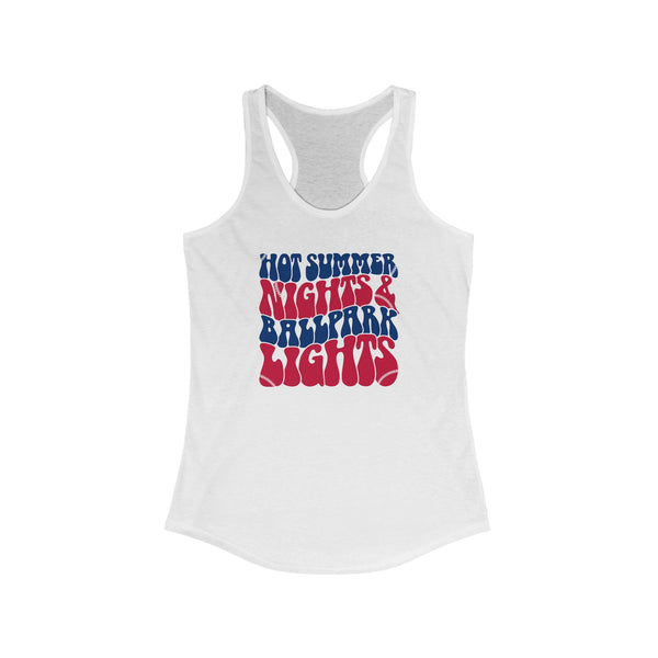 Hot Summer Nights and Ballpark Lights Ladies Ideal Racerback Tank | Number One Fan Baseball or Softball Mom or Girlfriend Game Day Tank