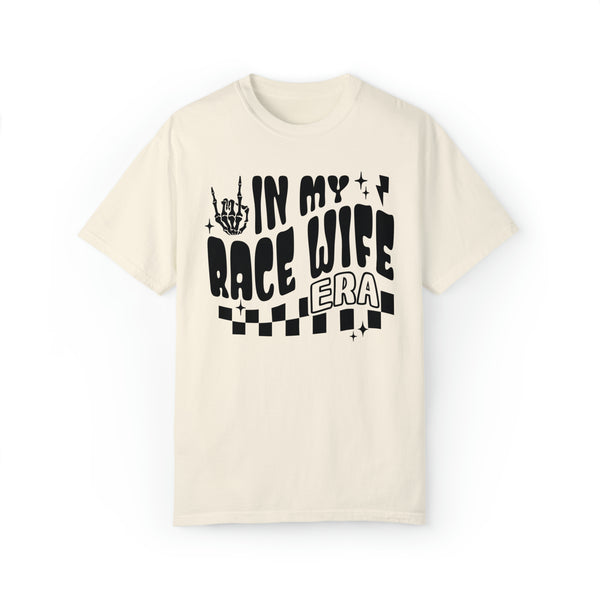 In My Race Wife Era Adult Unisex Garment-Dyed T-shirt | Funny Racing Themed Tee with Checkerboard Pattern