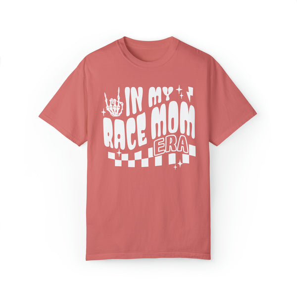 In My Race Mom Era Adult Unisex Garment-Dyed T-shirt | Funny Racing Themed Tee with Checkerboard Pattern
