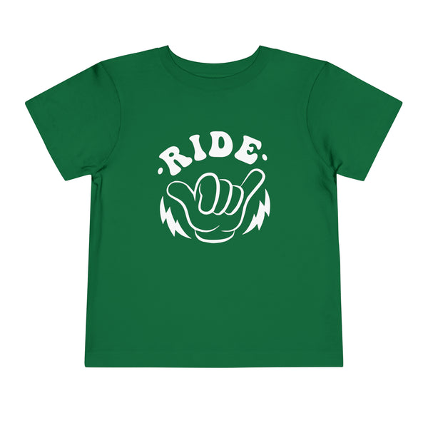 Retro Groovy Ride All Day with Shaka Hand Front and Back Toddler Short Sleeve Tee | Kids Race Girl Shirt | Ride Toddler Pit Crew T-Shirt