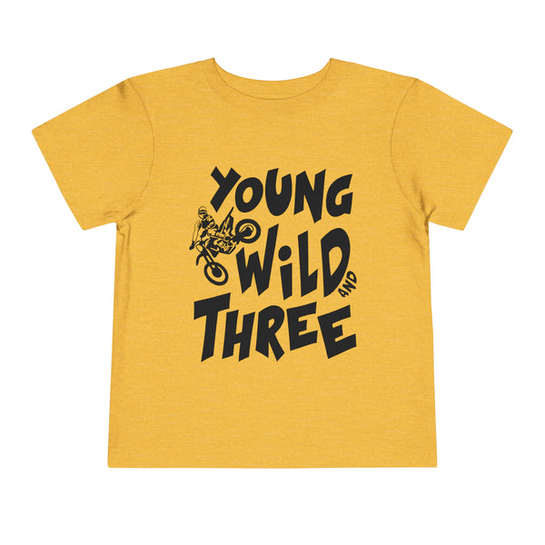 Young Wild and Three Birthday Kid Dirt Bike Toddler Short Sleeve Tee | Kids Moto 3rd Birthday Dirt Bike Motocross Toddler T-Shirt