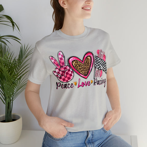 Peace Love Racing Hot Pink and Leopard Adult Unisex Jersey Short Sleeve Tee