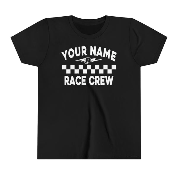 Personalized Your Name Race Crew with Fist and Lightning Bolt Youth Short Sleeve Tee | Kids Race Tees | Youth Race Crew Pit Crew Race Day Shirt