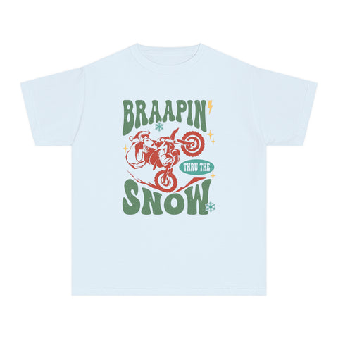 Braapin' Through the Snow Youth Garment-Dyed Midweight Tee | Kids Racing Themed Christmas T-Shirt