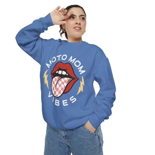 Moto Mom Vibes Unisex Garment-Dyed Sweatshirt | Moto Mom Race Day Sweatshirt | MX Motocross Dirt Track Sweatshirts Lips Tongue Lightning Bolt