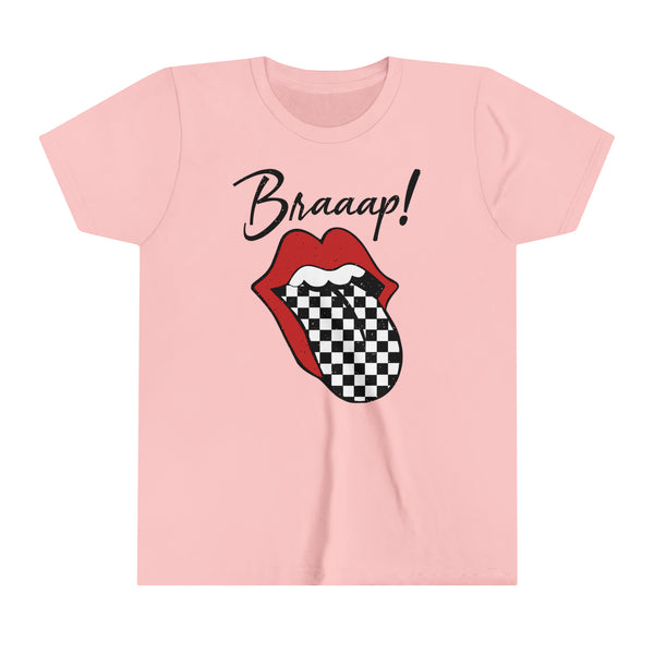 Braaap Youth Short Sleeve Tee | Kids Race Day Youth T-Shirt | SxS Moto Dirt Track Car Racing Shirts Lips Tongue Tee