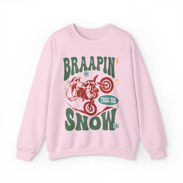 Braapin' Thru the Snow Moto Adult Unisex Heavy Blend™ Crewneck Sweatshirt | Santa on Dirt Bike Christmas Crewneck Sweatshirt