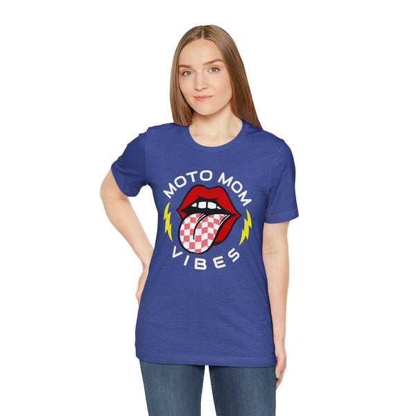 Moto Mom Vibes Adult Unisex Jersey Short Sleeve Tee | Moto Mom Race Day Shirt | MX Motocross Dirt Track Shirts Lips Tongue Lightning Bolt