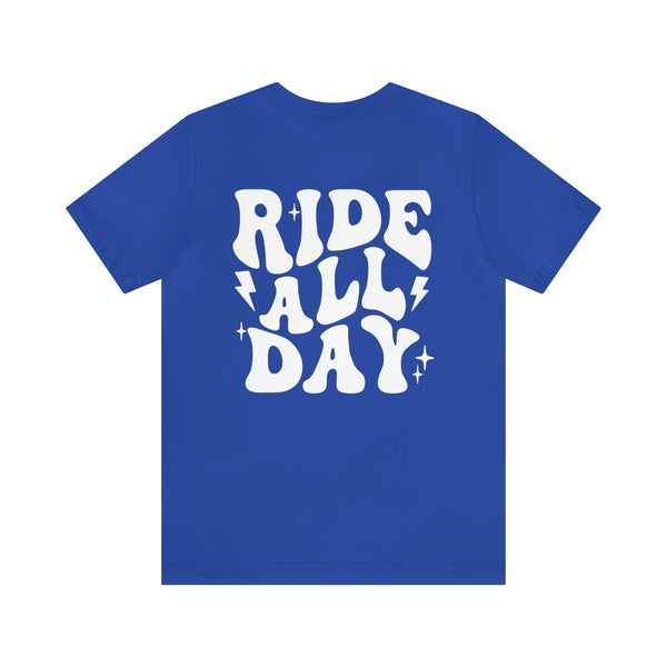 Retro Groovy Ride All Day with Shaka Hand Front and Back Design Adult Unisex Jersey Short Sleeve Tee | Ride Crew Ride Day Shirt