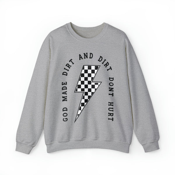 God Made Dirt and Dirt Don't Hurt with Checkered Lightning Bolt Adult Unisex Heavy Blend™ Crewneck Sweatshirt | Race Day Sweatshirt