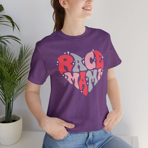 Race Mama Retro Heart Adult Unisex Jersey Short Sleeve Tee | Race Family Shirt | MX SX BMX Dirt Track Race Mom Valentine's Day Shirt