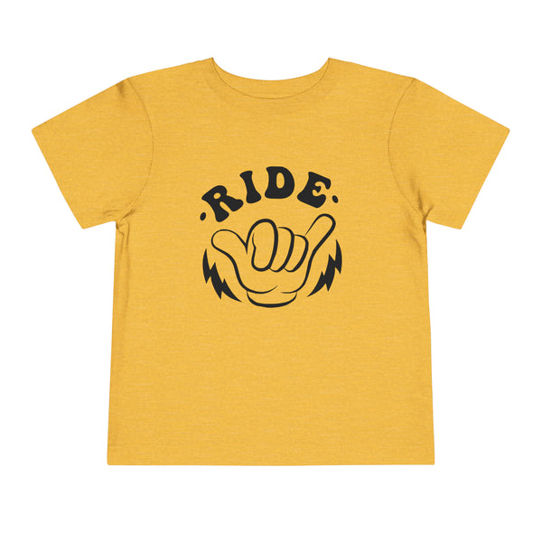 Retro Groovy Ride All Day with Shaka Hand Front and Back Toddler Short Sleeve Tee | Kids Race Girl Shirt | Ride Toddler Pit Crew T-Shirt