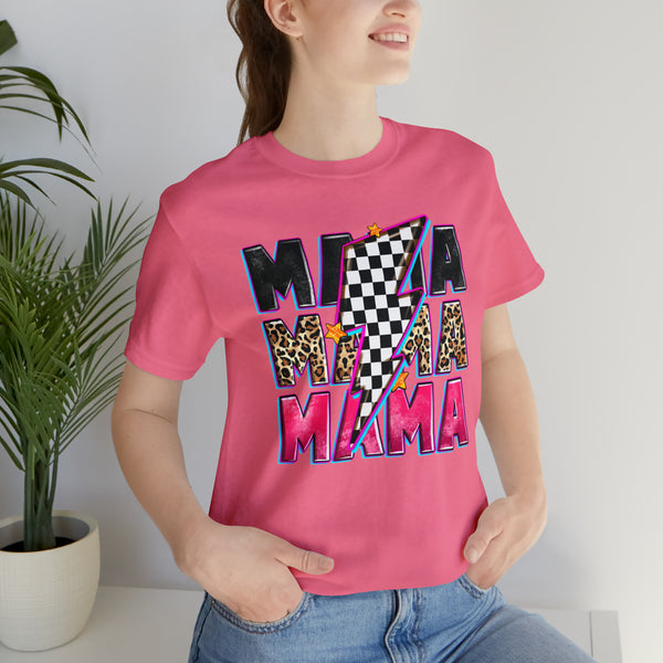 Race Mama with Checkered Lightning Bolt Adult Unisex Jersey Short Sleeve Tee