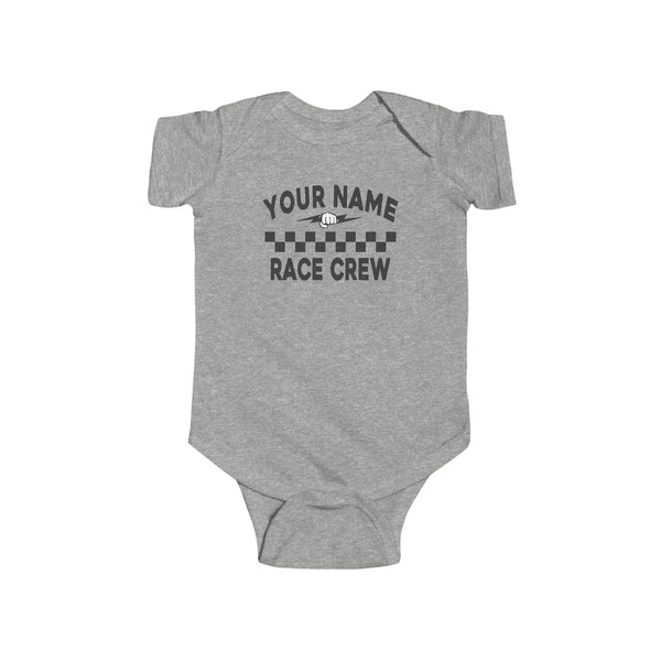 Personalized Your Name Race Crew with Fist and Lightning Bolt Infant Fine Jersey Bodysuit | Kids Race Shirt | Race Baby Pit Crew Bodysuit