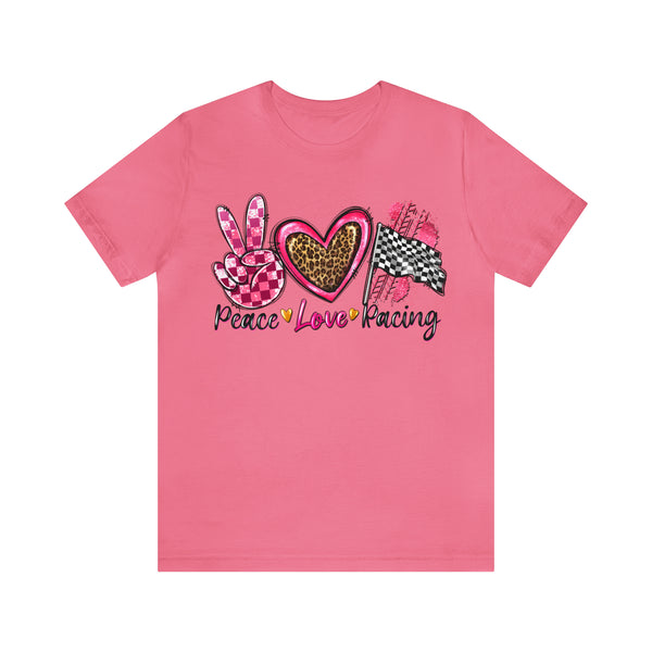 Peace Love Racing Hot Pink and Leopard Adult Unisex Jersey Short Sleeve Tee