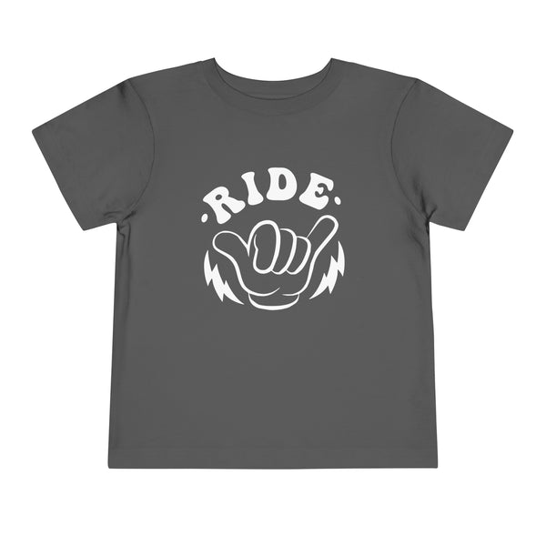 Retro Groovy Ride All Day with Shaka Hand Front and Back Toddler Short Sleeve Tee | Kids Race Girl Shirt | Ride Toddler Pit Crew T-Shirt