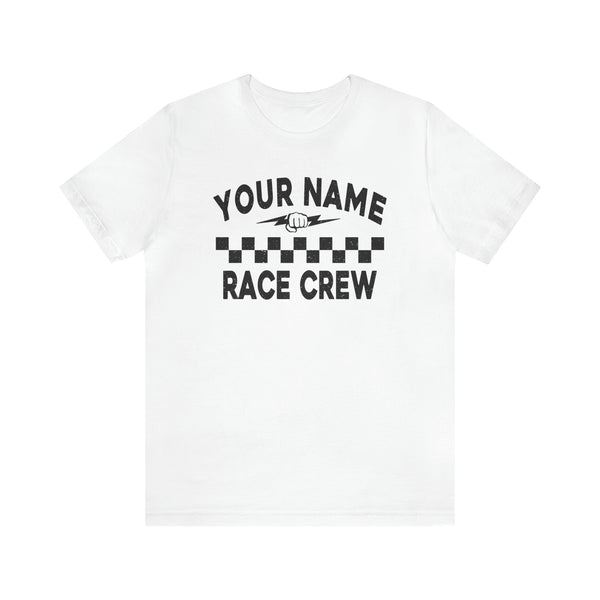 Personalized Your Name Race Crew with Fist and Lightning Bolt Adult Unisex Jersey Short Sleeve Tee | Race Crew Race Day Shirt