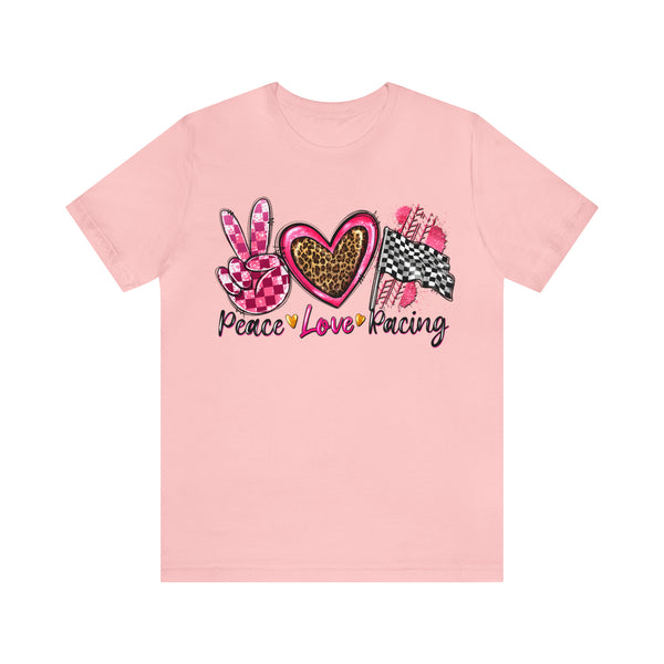 Peace Love Racing Hot Pink and Leopard Adult Unisex Jersey Short Sleeve Tee