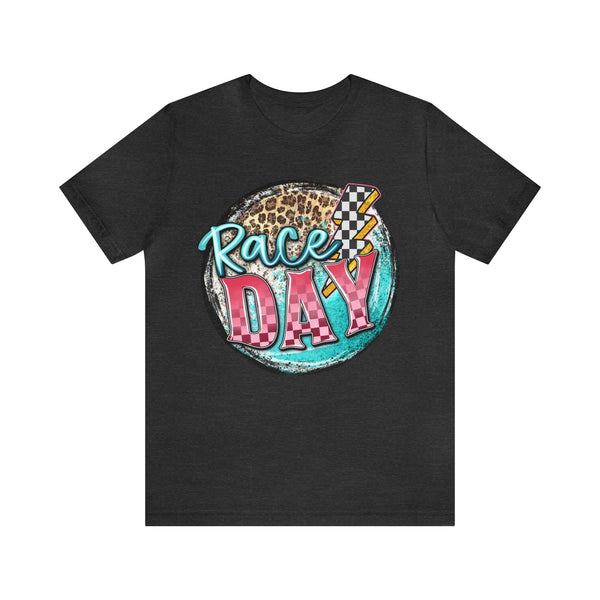 Race Day with Checkered Lightning Bolt and Leopard Print Unisex Jersey Short Sleeve Tee | Leopard Race Day Lightning Bolt T-Shirt