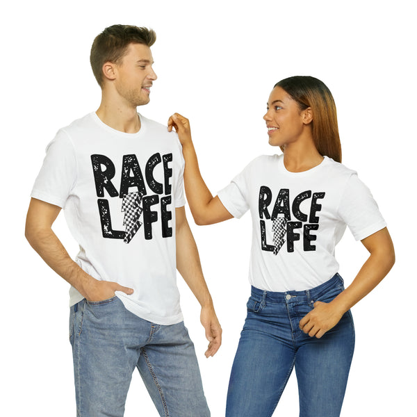 Race Life With Checkered Lightning Bolt Adult Unisex Jersey Short Sleeve Tee