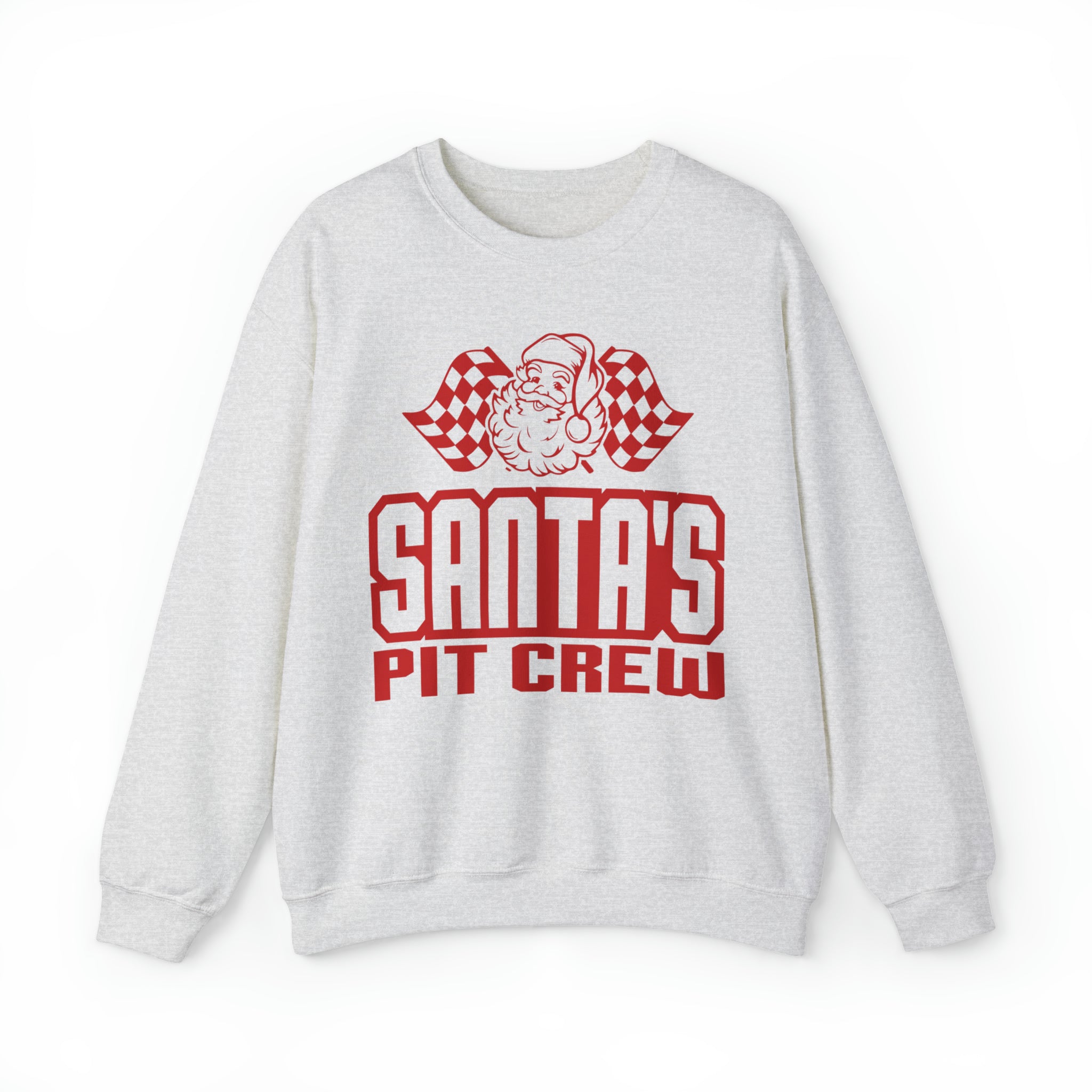 Santa's Pit Crew with Checkered Flags Adult Unisex Heavy Blend™ Crewneck Sweatshirt | Race Themed Christmas Sweatshirts