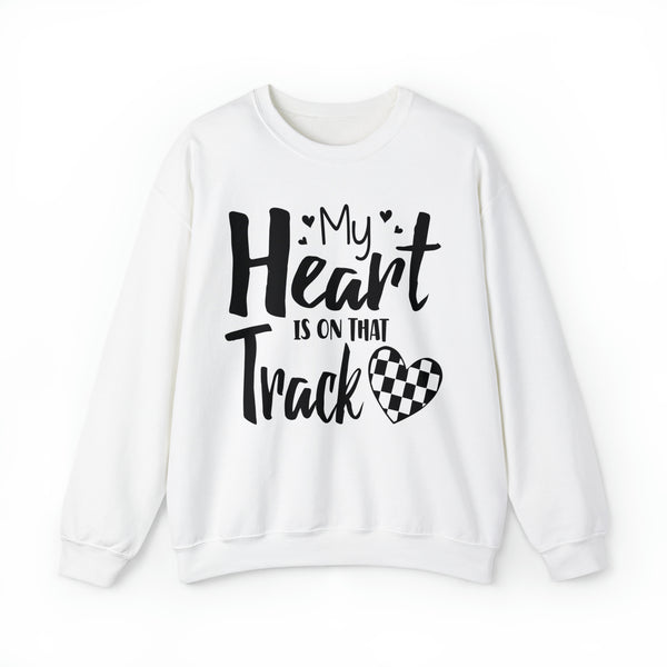 My Heart is on that Track with Checkered Heart Adult Unisex Heavy Blend™ Crewneck Sweatshirt | Racer's Wife Mom Girlfriend Sweatshirt