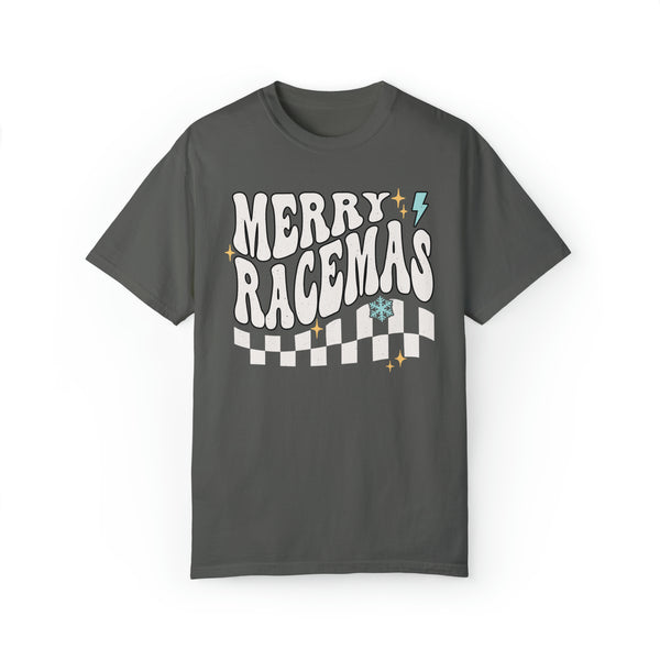 Merry Racemas Adult Unisex Garment-Dyed T-shirt | Racing Themed Christmas Tee | Merry Christmas Race Day Tee