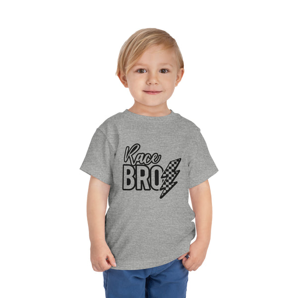 Race Bro With Checkered Lightning Bolt Toddler Short Sleeve Tee | Kids Race Day Toddler T-Shirt | SxS Moto Dirt Track Car Racing Shirt