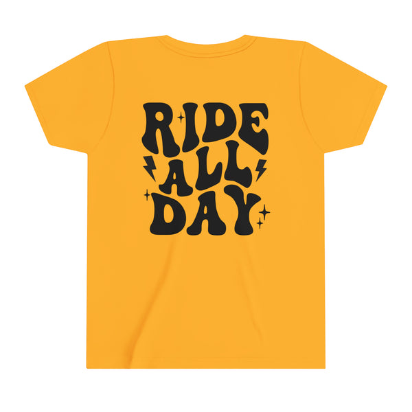 Retro Groovy Ride All Day with Shaka Hand Front and Back Youth Short Sleeve Tee | Kids Race Tees | Youth Riding Day Shirt