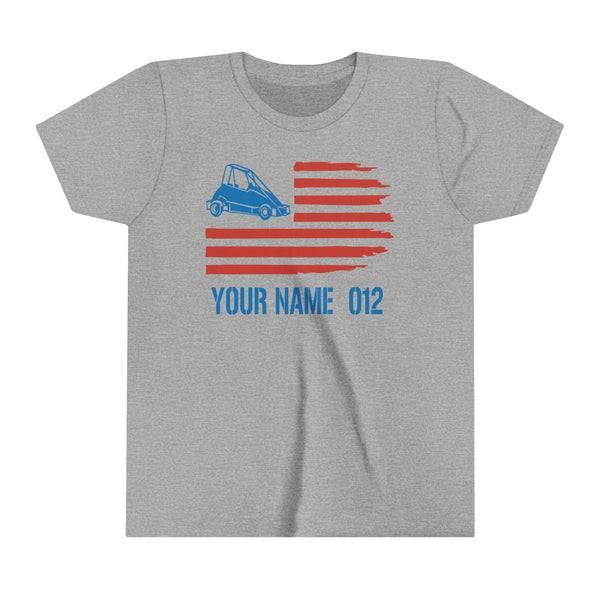 Quarter Midget American Flag Youth Short Sleeve Tee Personalized with Your Name and Number | Kids Moto 4th of July Sprint Car Racing Youth T-Shirt