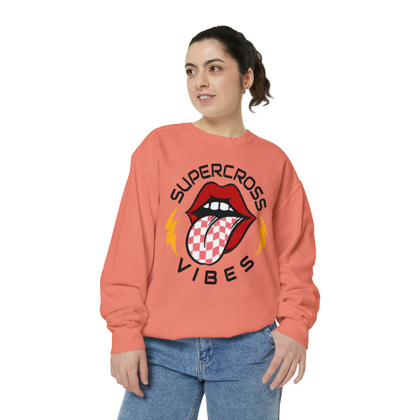 Supercross Vibes Unisex Garment-Dyed Sweatshirt | Supercross Race Day Sweatshirt | MX Motocross Dirt Track Sweatshirts Lips Tongue Lightning Bolt