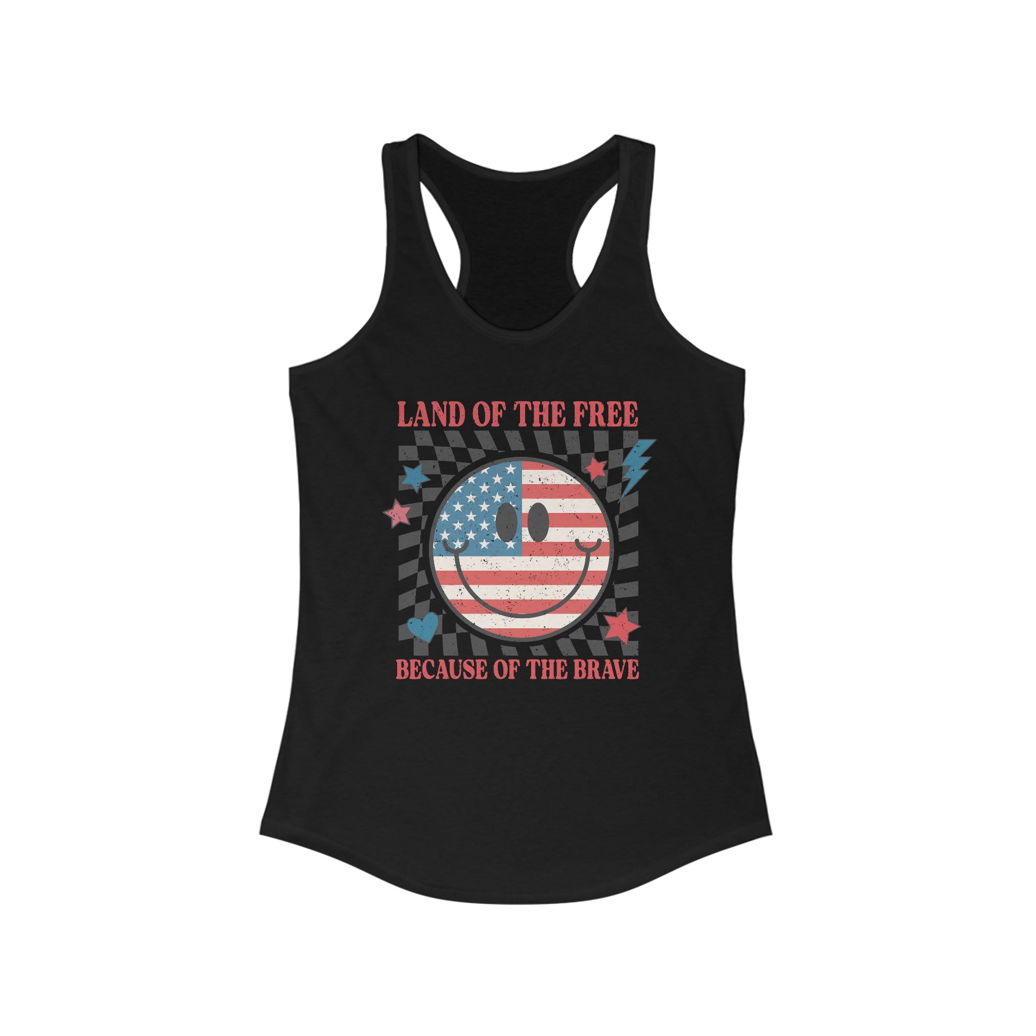 Land of the Free Because of the Brave Ladies Ideal Racerback Tank | Patriotic Race Themed 4th of July Racerback Tank Top