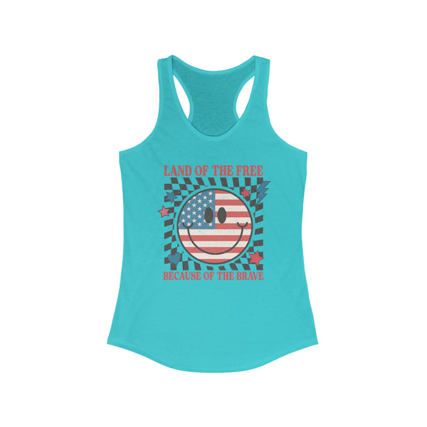 Land of the Free Because of the Brave Ladies Ideal Racerback Tank | Patriotic Race Themed 4th of July Racerback Tank Top