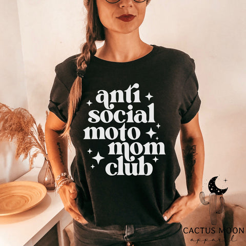 Anti Social Moto Mom Club Adult Unisex Jersey Short Sleeve Tee | Moto Mama Pit Crew Race Day Shirt | Funny Dirt Track MX Racing Moto Mom Tee