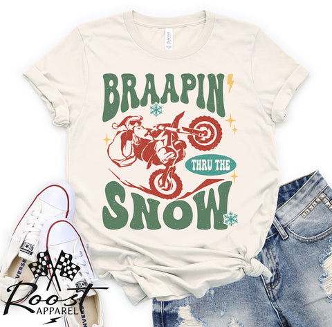 Braapin' Thru the Snow Adult Unisex Jersey Short Sleeve Tee | Santa on Dirt Bike Christmas Shirt