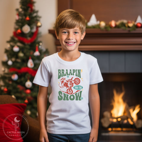 Braapin' Thru the Snow Santa on Dirt Bike Youth Short Sleeve Tee | Kids Moto Tees | Youth Merry Christmas Moto Shirt