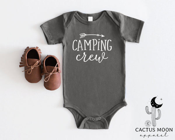 Camping Crew with Arrow Infant Fine Jersey Bodysuit | Kids Camping Family or Group Camping Vacation Trip Baby Bodysuit