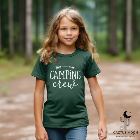Camping Crew with Arrow Youth Short Sleeve Tee | Kids Camping Family or Group Camping Vacation Youth T-Shirt