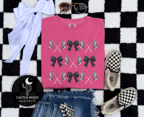 Kids Coquette Bows and Checkered Race Flags Collage Youth Garment-Dyed T-Shirt | Cute Bows and Checkereds Race Girl Racer Race Day Tee