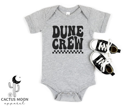 Retro Groovy Dune Crew Infant Fine Jersey Bodysuit | Kids Camping Family or Group Sand Dunes Camping Vacation Trip Baby Bodysuit