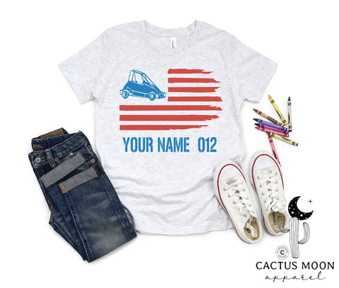 Quarter Midget American Flag Youth Short Sleeve Tee Personalized with Your Name and Number | Kids Moto 4th of July Sprint Car Racing Youth T-Shirt