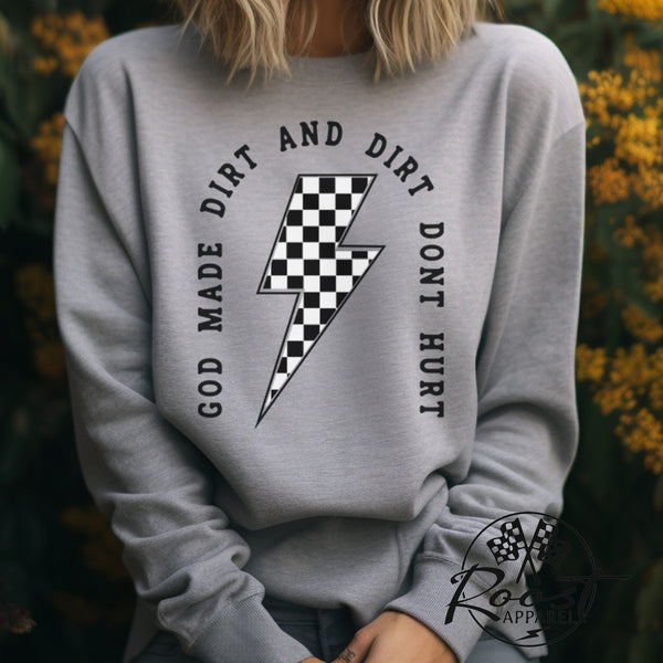 God Made Dirt and Dirt Don't Hurt with Checkered Lightning Bolt Adult Unisex Heavy Blend™ Crewneck Sweatshirt | Race Day Sweatshirt