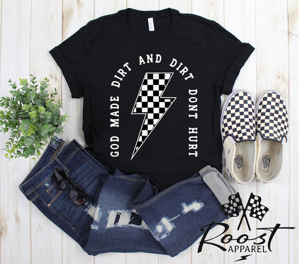 God Made Dirt and Dirt Don't Hurt with Checkered Lightning Bolt Adult Unisex Softstyle T-Shirt | Dirt Don't Hurt Race Day Shirt