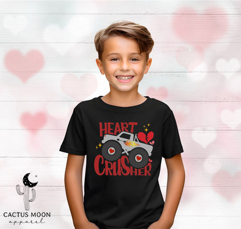 Heart Crusher Monster Youth Short Sleeve Tee | Kids Valentine's Day Truck Youth T-Shirt | Offroad Monster Truck Shirt