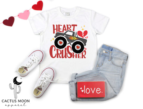 Heart Crusher Monster Toddler Short Sleeve Tee | Kids Valentine's DayTruck Toddler T-Shirt | Offroad Monster Truck Shirt