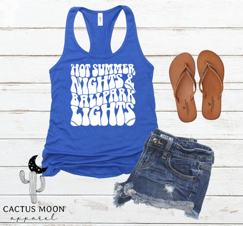 Hot Summer Nights and Ballpark Lights Ladies Ideal Racerback Tank | Number One Fan Baseball or Softball Mom or Girlfriend Game Day Tank