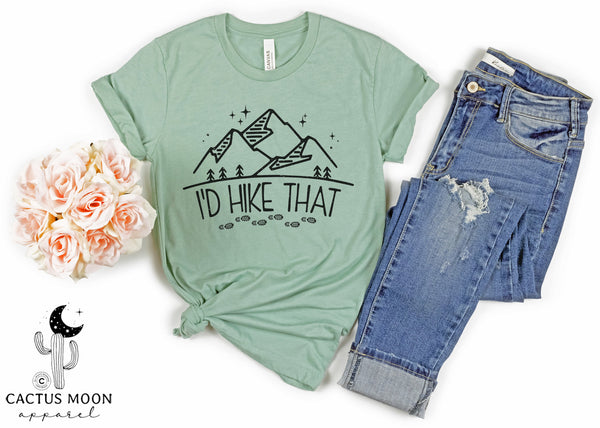 I'd Hike That with Mountains Adult Unisex Jersey Short Sleeve Tee | Hiker Shirt | Funny Hiking Shirt